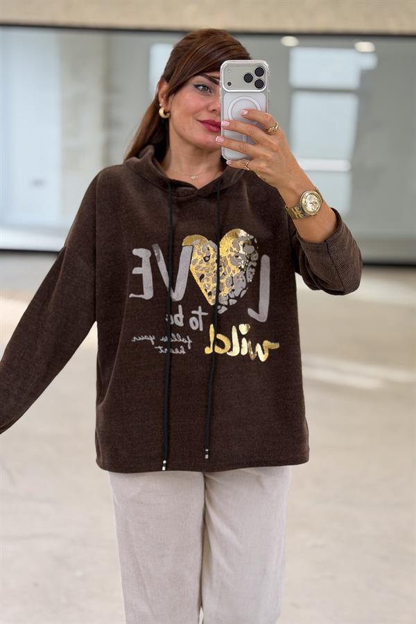 Love Yazılı Kapüşonlu Kadife Sweet Acı Kahve Renk