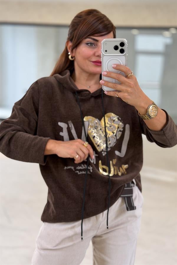 Love Yazılı Kapüşonlu Kadife Sweet Acı Kahve Renk