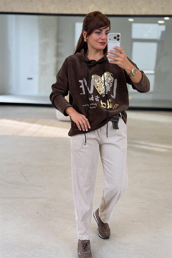 Love Yazılı Kapüşonlu Kadife Sweet Acı Kahve Renk