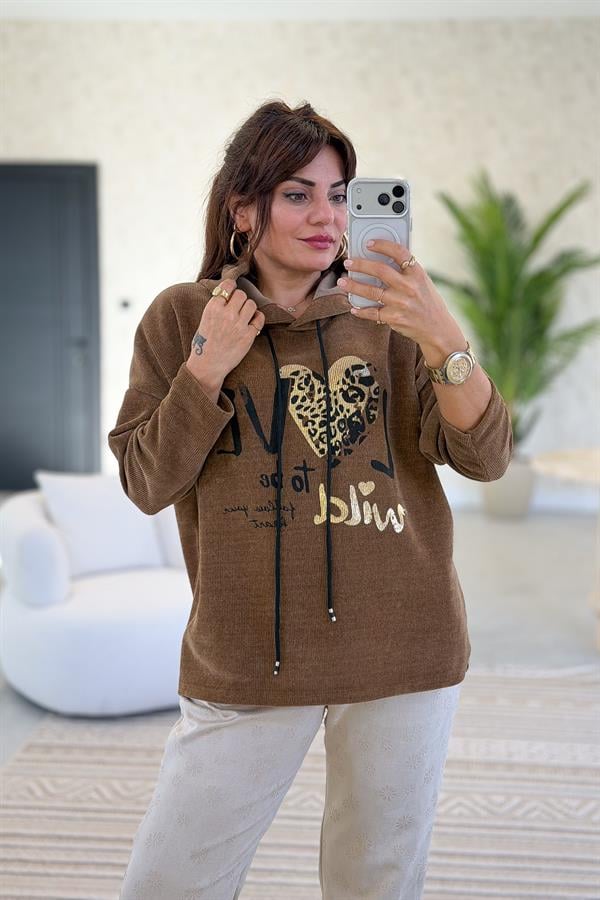 Love Yazılı Kapüşonlu Kadife Sweet Taba Renk