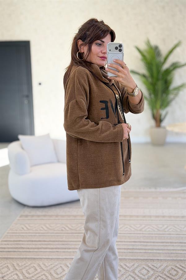 Love Yazılı Kapüşonlu Kadife Sweet Taba Renk