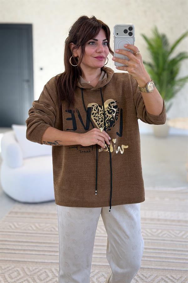 Love Yazılı Kapüşonlu Kadife Sweet Taba Renk