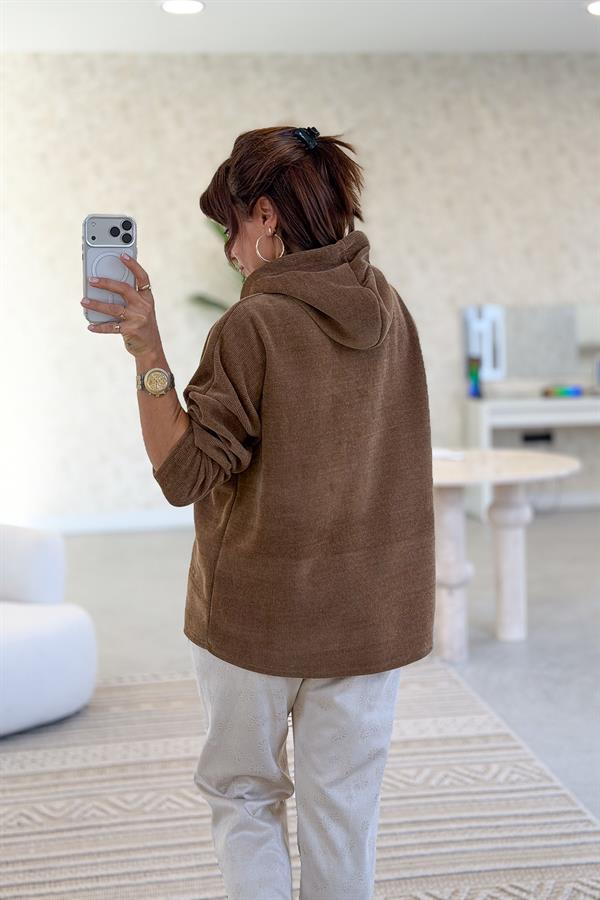 Love Yazılı Kapüşonlu Kadife Sweet Taba Renk