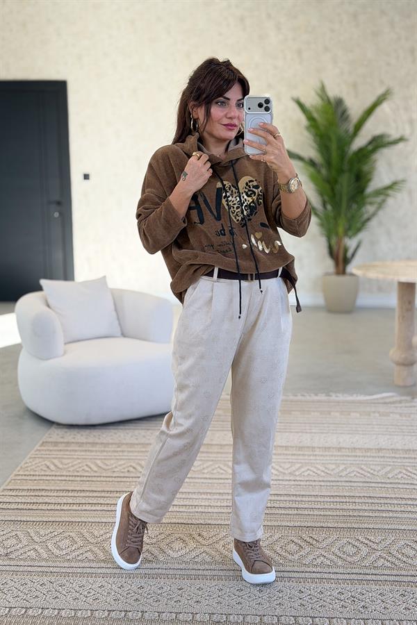 Love Yazılı Kapüşonlu Kadife Sweet Taba Renk