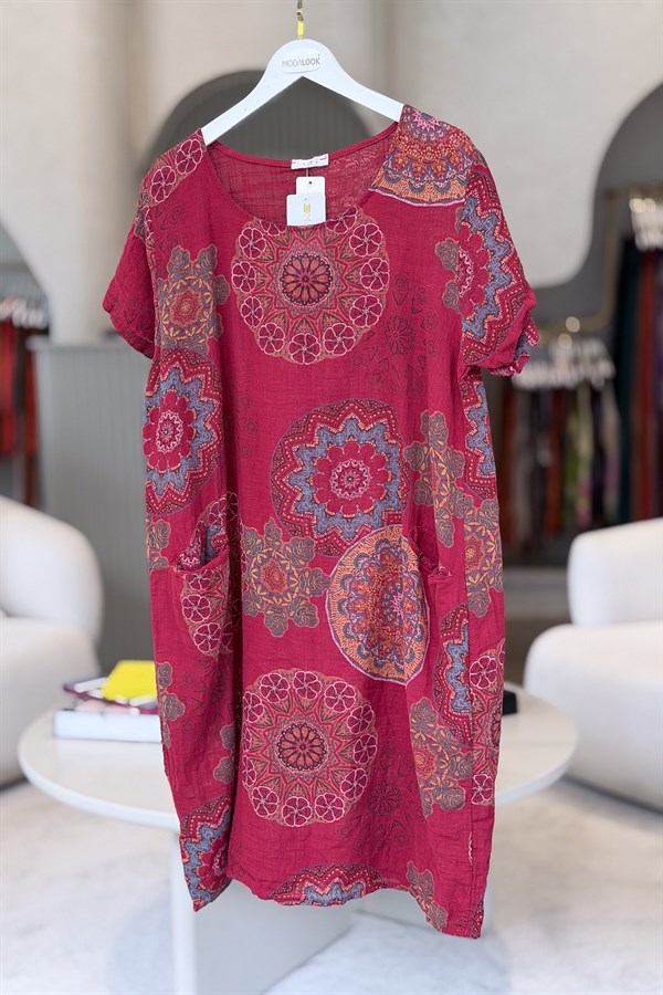 Mandala Desen Çift Cepli Pamuklu Elbise Bordo Renk