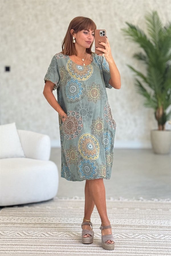 Mandala Desen Çift Cepli Pamuklu Elbise Haki Renk