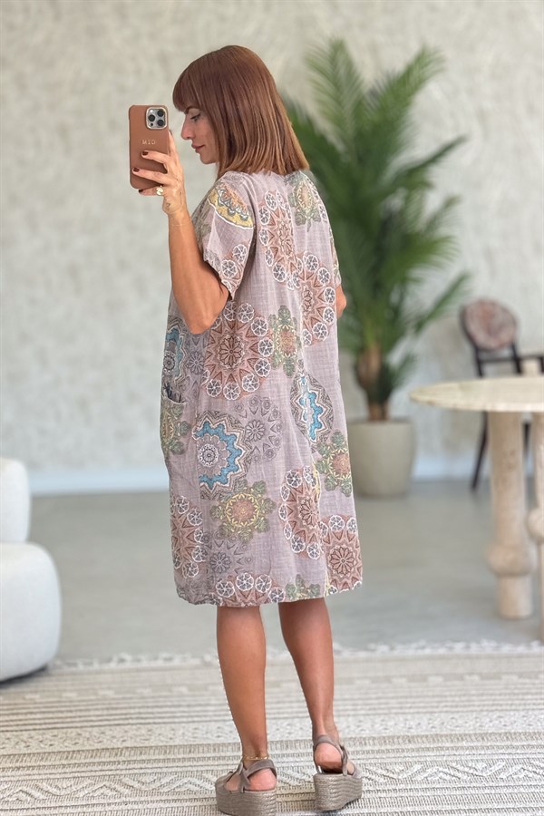 Mandala Desen Çift Cepli Pamuklu Elbise Vizon Renk