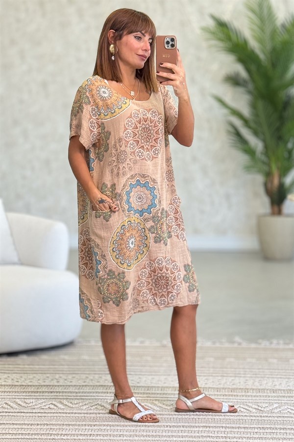 Mandala Desen Çift Cepli Pamuklu Elbise Camel Renk