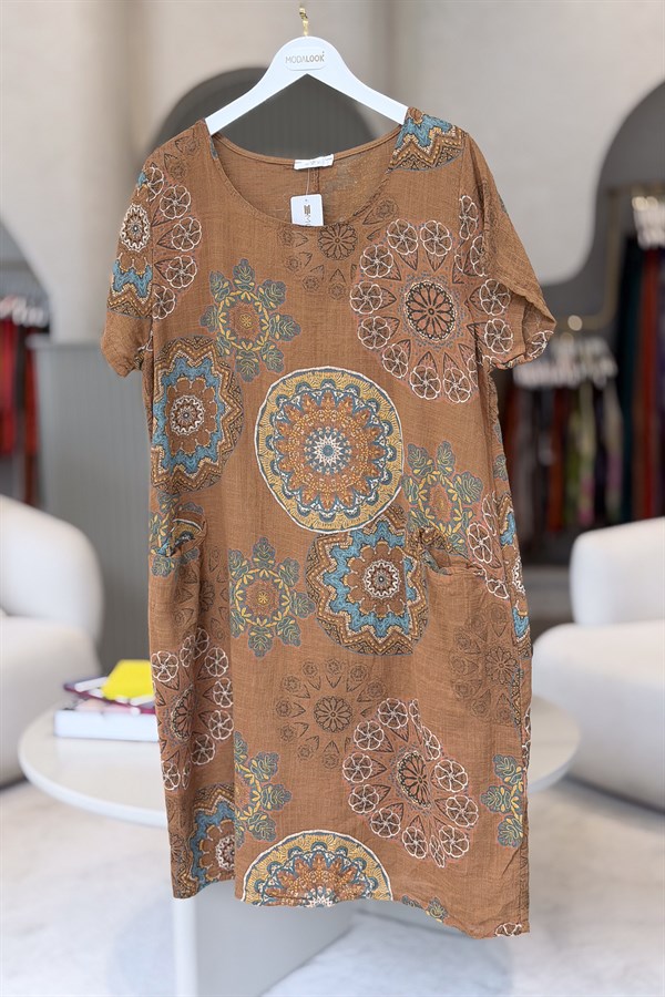 Mandala Desen Çift Cepli Pamuklu Elbise Deve Tüyü Renk