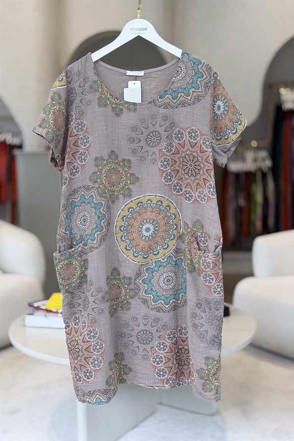 Mandala Desen Çift Cepli Pamuklu Elbise Vizon Renk
