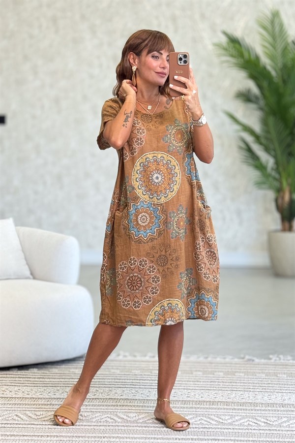 Mandala Desen Çift Cepli Pamuklu Elbise Deve Tüyü Renk