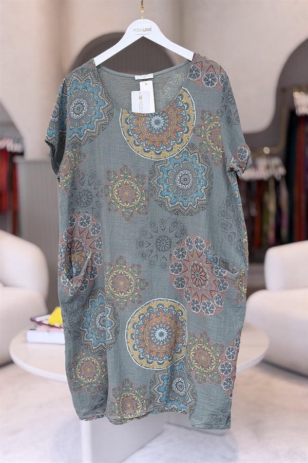 Mandala Desen Çift Cepli Pamuklu Elbise Haki Renk