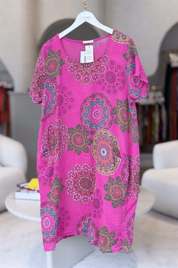 Mandala Desen Çift Cepli Pamuklu Elbise Fuşya Renk