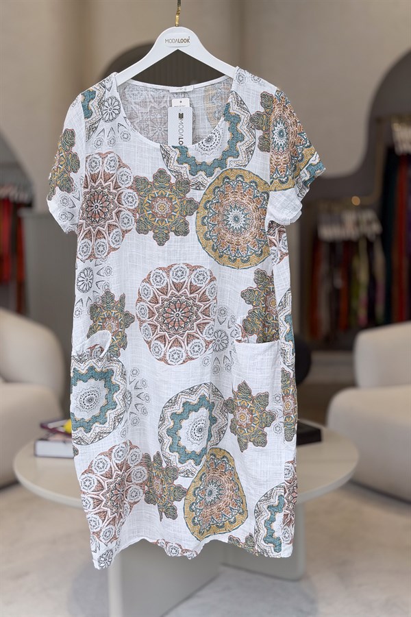 Mandala Desen Çift Cepli Pamuklu Elbise Beyaz Renk