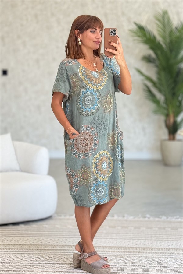 Mandala Desen Çift Cepli Pamuklu Elbise Haki Renk