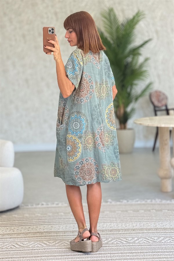 Mandala Desen Çift Cepli Pamuklu Elbise Haki Renk