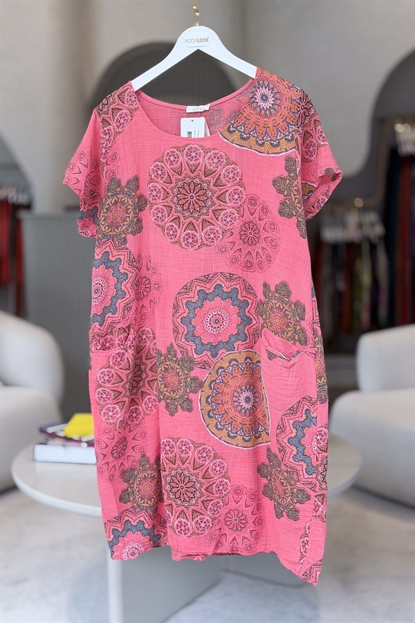 Mandala Desen Çift Cepli Pamuklu Elbise Mercan Renk