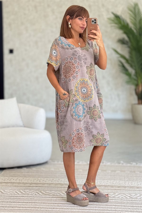 Mandala Desen Çift Cepli Pamuklu Elbise Vizon Renk