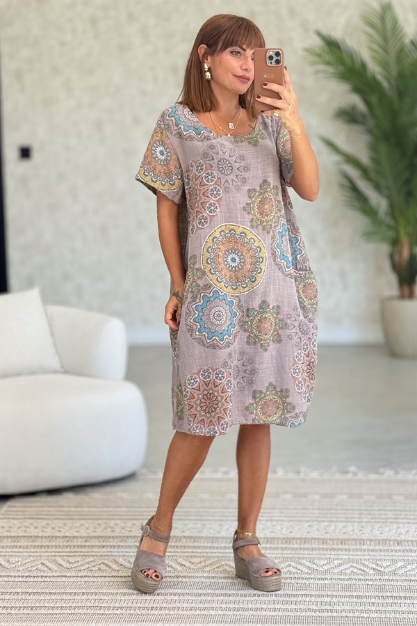 Mandala Desen Çift Cepli Pamuklu Elbise Vizon Renk