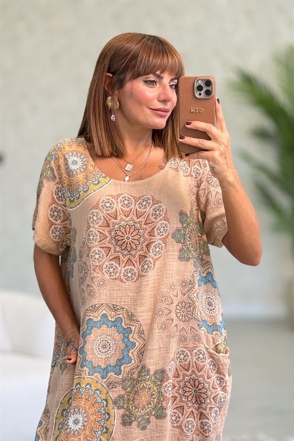 Mandala Desen Çift Cepli Pamuklu Elbise Camel Renk