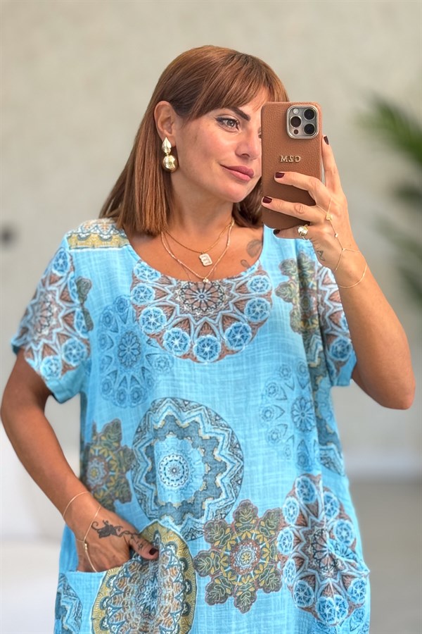 Mandala Desen Çift Cepli Pamuklu Elbise Turkuaz Renk