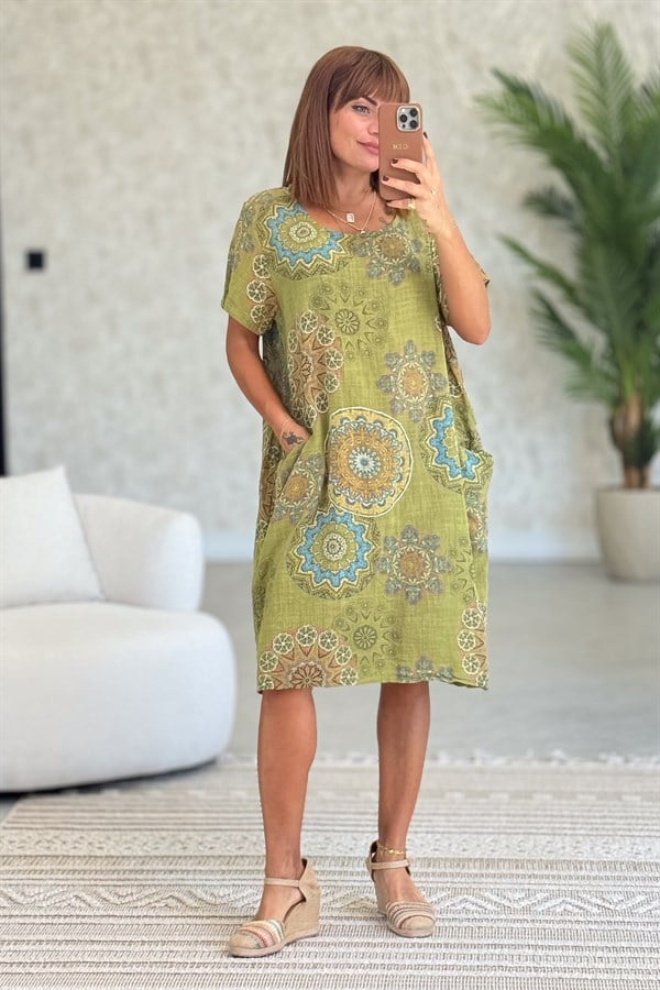 Mandala Desen Çift Cepli Pamuklu Elbise Asit Renk
