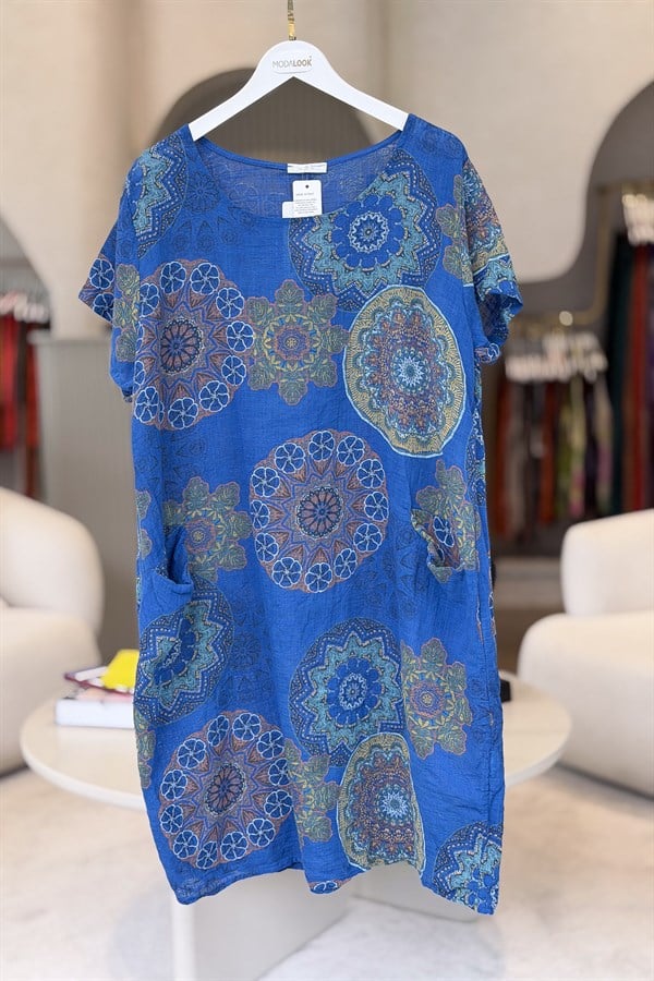Mandala Desen Çift Cepli Pamuklu Elbise Saks Renk