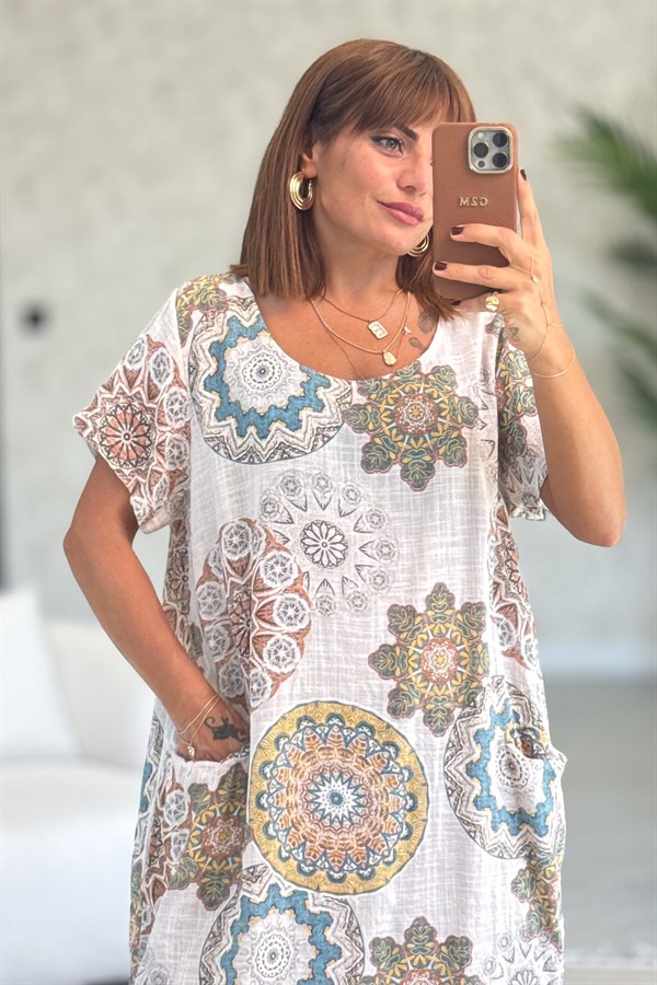 Mandala Desen Çift Cepli Pamuklu Elbise Bej Renk