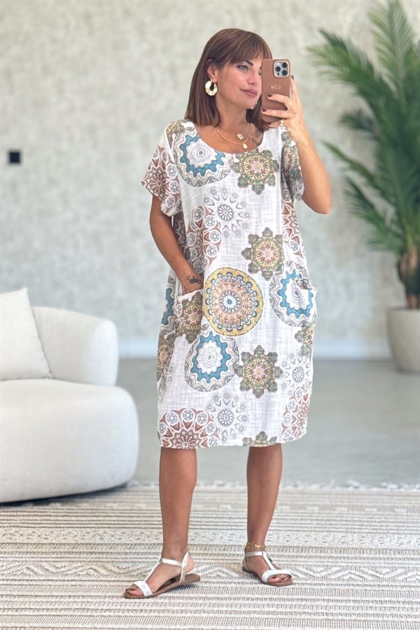 Mandala Desen Çift Cepli Pamuklu Elbise Bej Renk