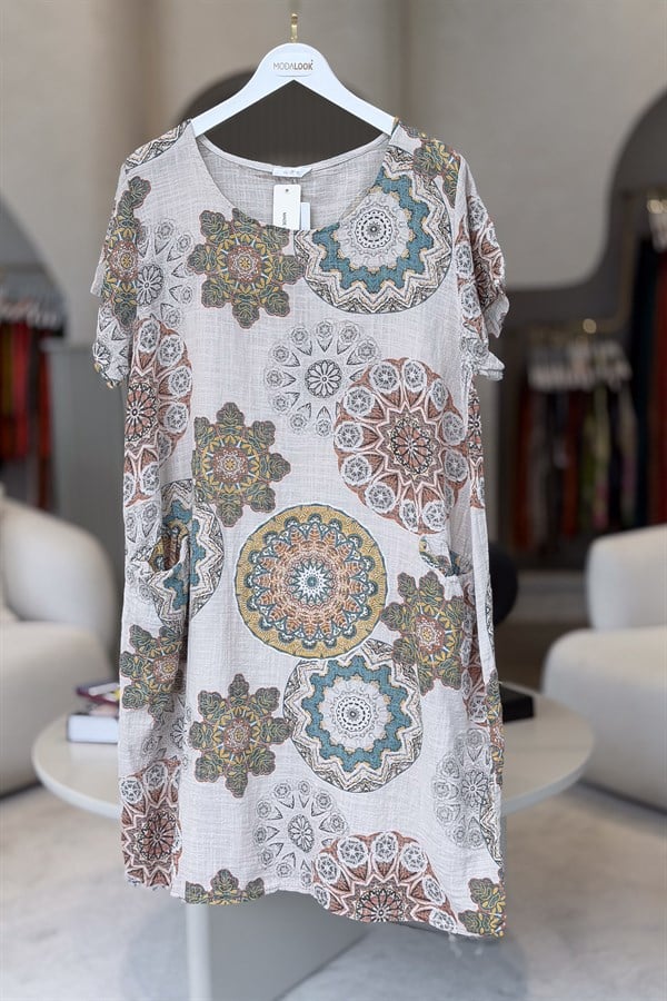 Mandala Desen Çift Cepli Pamuklu Elbise Bej Renk