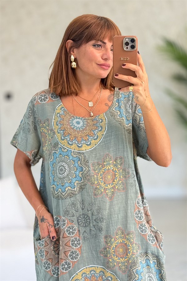 Mandala Desen Çift Cepli Pamuklu Elbise Haki Renk