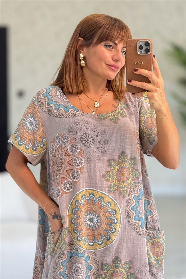 Mandala Desen Çift Cepli Pamuklu Elbise Vizon Renk