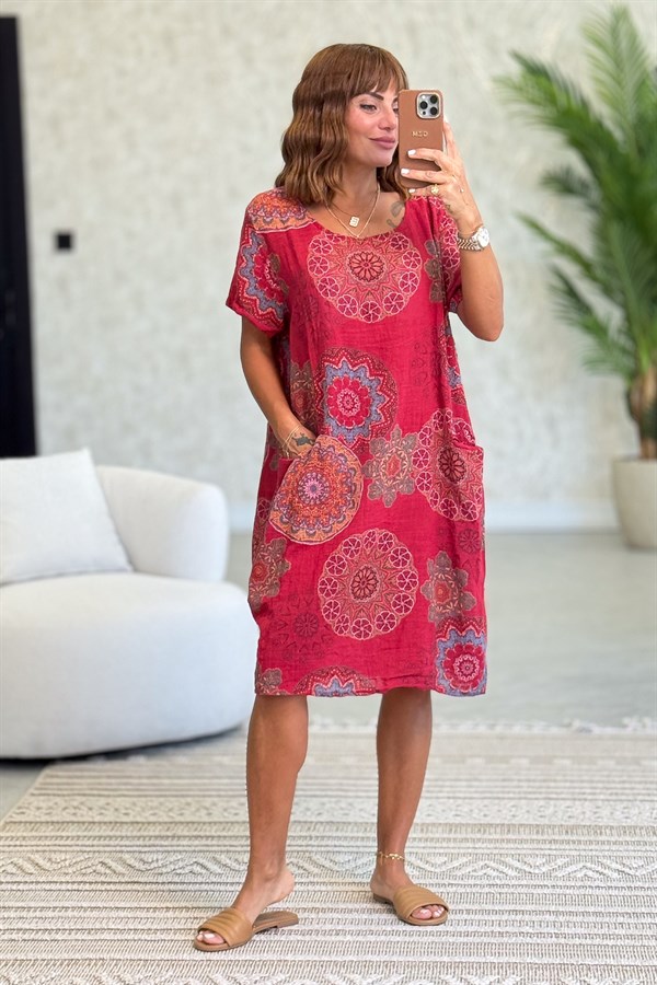 Mandala Desen Çift Cepli Pamuklu Elbise Bordo Renk