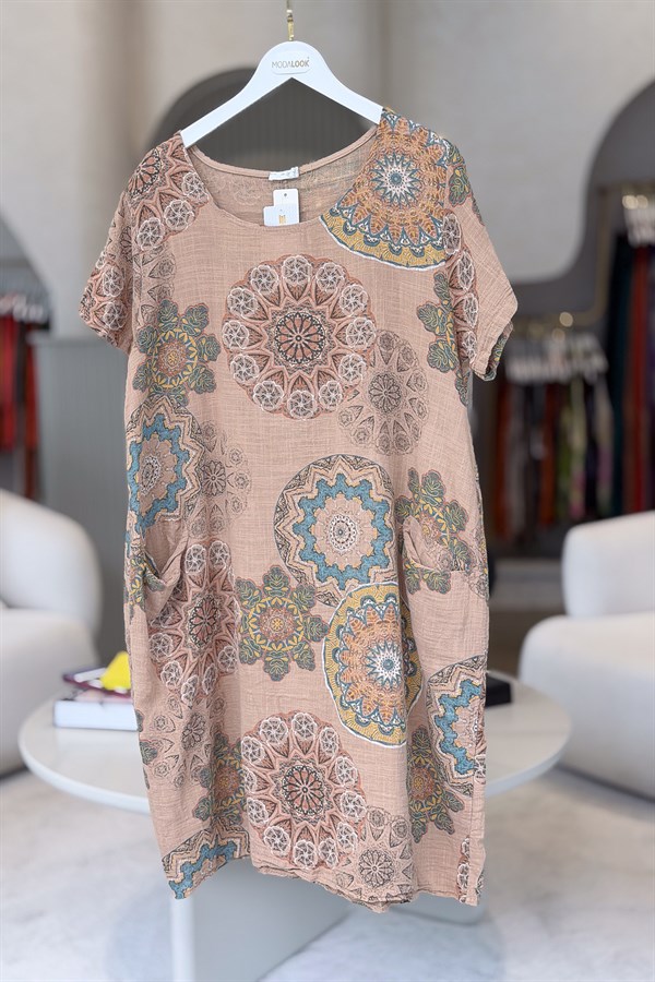 Mandala Desen Çift Cepli Pamuklu Elbise Camel Renk