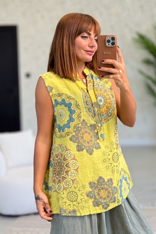 Mandala Desen Hakim Yaka 3 Düğmeli Pamuklu Gömlek Hardal Renk
