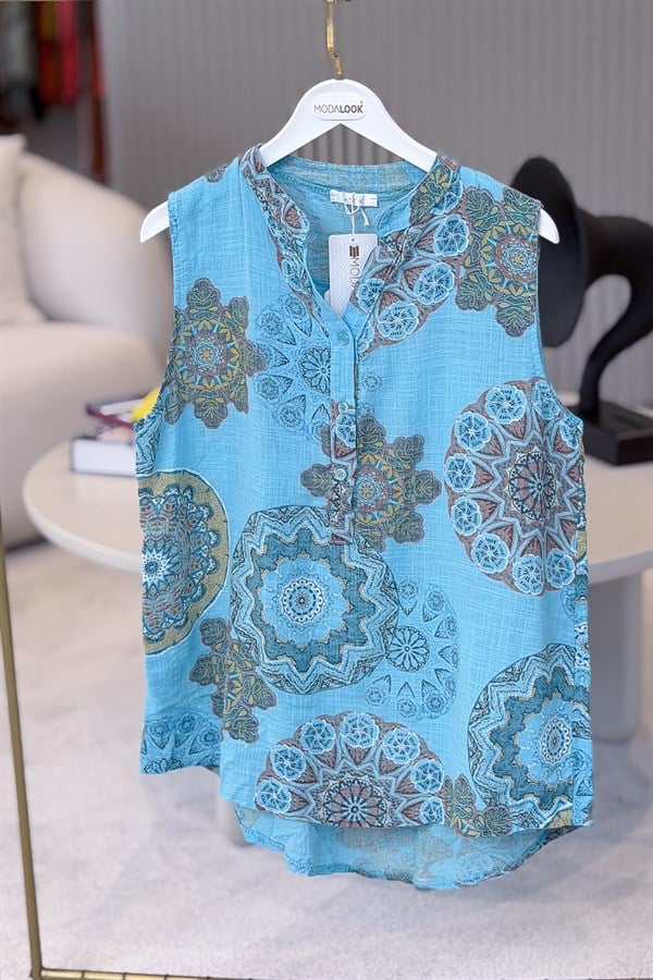 Mandala Desen Hakim Yaka 3 Düğmeli Pamuklu Gömlek Turkuaz RenkGÖMLEK
