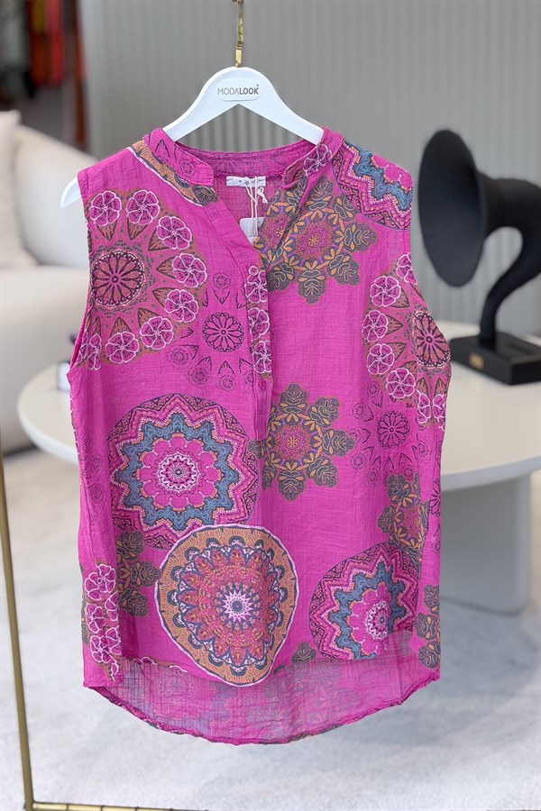 Mandala Desen Hakim Yaka 3 Düğmeli Pamuklu Gömlek Fuşya Renk