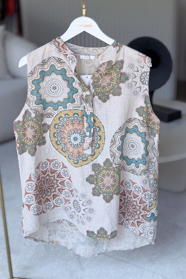 Mandala Desen Hakim Yaka 3 Düğmeli Pamuklu Gömlek Bej RenkGÖMLEK