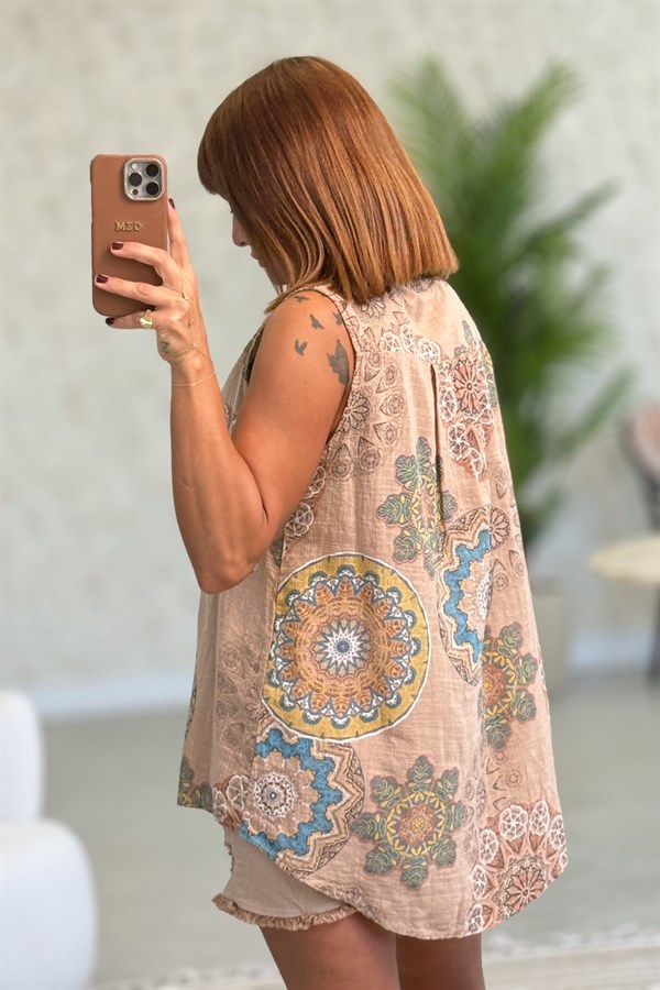 Mandala Desen Hakim Yaka 3 Düğmeli Pamuklu Gömlek Camel Renk
