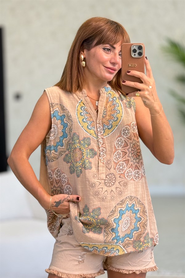 Mandala Desen Hakim Yaka 3 Düğmeli Pamuklu Gömlek Camel Renk