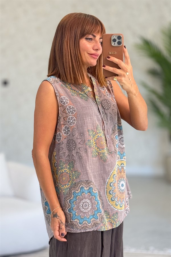 Mandala Desen Hakim Yaka 3 Düğmeli Pamuklu Gömlek Vizon Renk