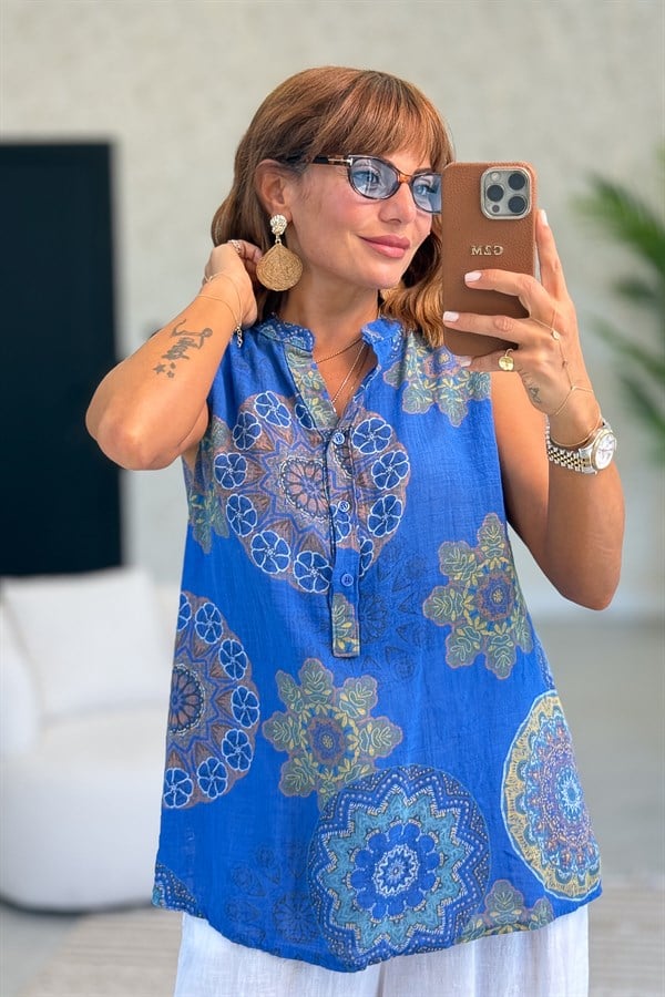Mandala Desen Hakim Yaka 3 Düğmeli Pamuklu Gömlek Saks RenkGÖMLEK