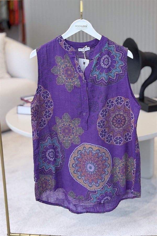Mandala Desen Hakim Yaka 3 Düğmeli Pamuklu Gömlek Mor RenkGÖMLEK