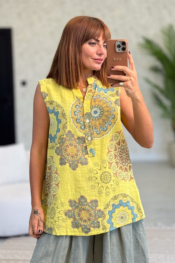 Mandala Desen Hakim Yaka 3 Düğmeli Pamuklu Gömlek Hardal Renk