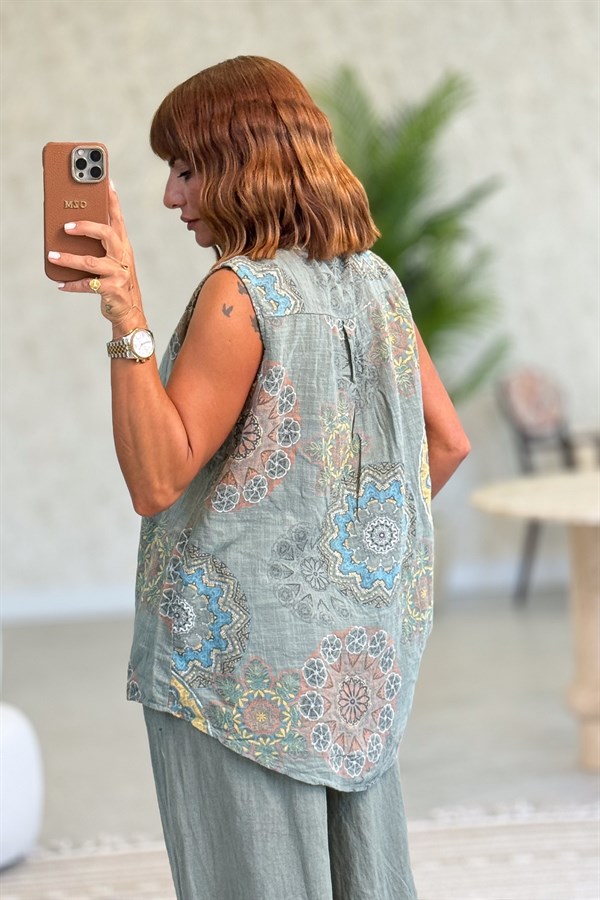 Mandala Desen Hakim Yaka 3 Düğmeli Pamuklu Gömlek Haki Renk