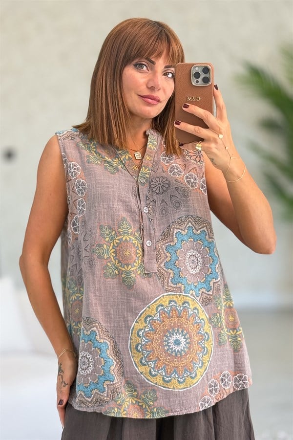 Mandala Desen Hakim Yaka 3 Düğmeli Pamuklu Gömlek Vizon Renk