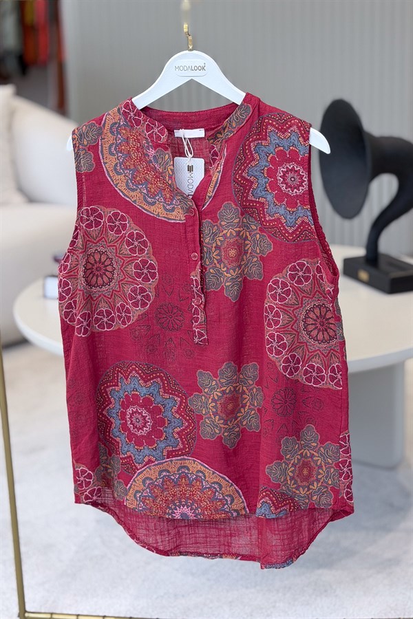 Mandala Desen Hakim Yaka 3 Düğmeli Pamuklu Gömlek Bordo RenkGÖMLEK