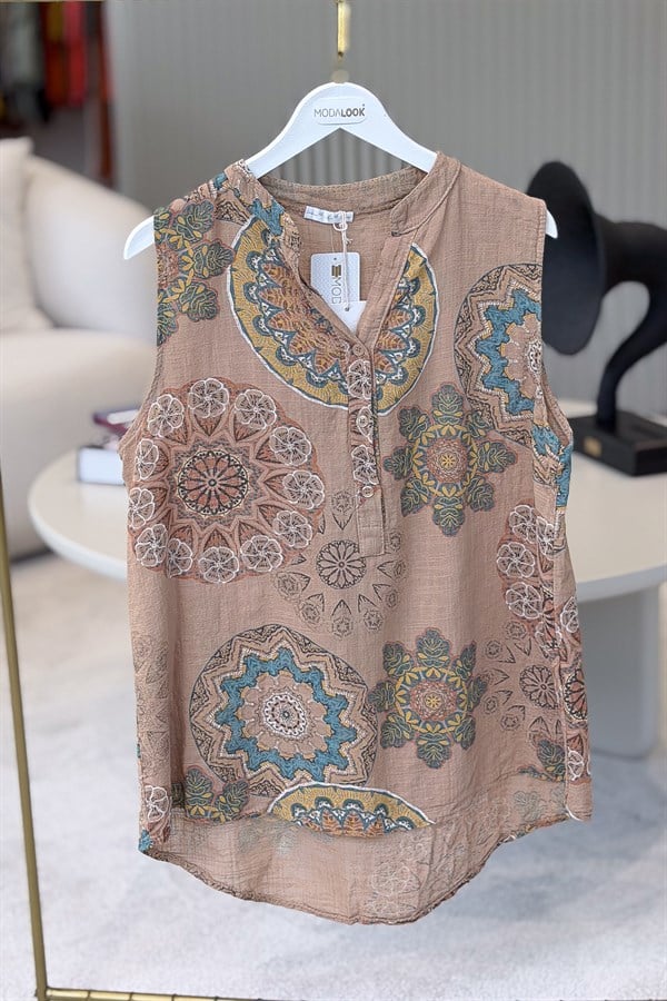 Mandala Desen Hakim Yaka 3 Düğmeli Pamuklu Gömlek Camel RenkGÖMLEK