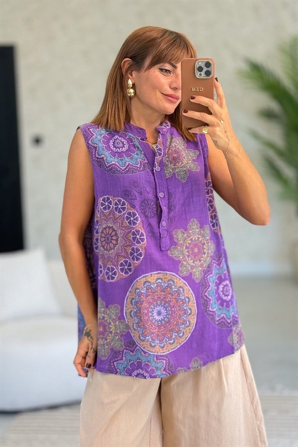 Mandala Desen Hakim Yaka 3 Düğmeli Pamuklu Gömlek Mor Renk