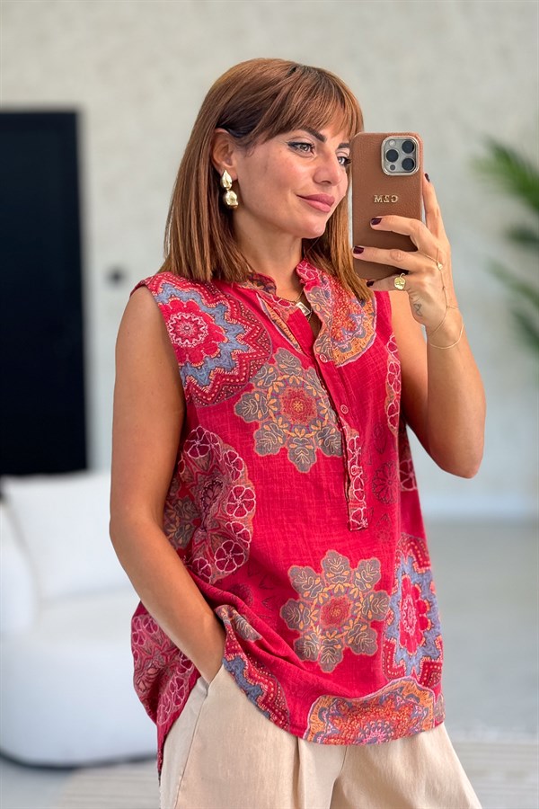 Mandala Desen Hakim Yaka 3 Düğmeli Pamuklu Gömlek Bordo Renk